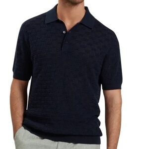 Ted Baker Dark Blue Textured Knit Silk Cotton Waterby Navy Polo Shirt Size 4
